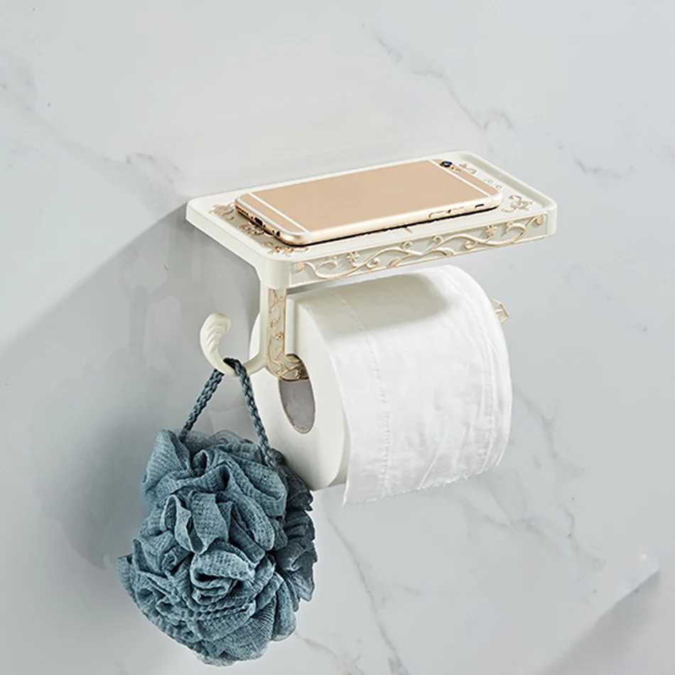 

Space Aluminum Toilet Paper Holder with Shelf Black White Antique Kitchen Paper Roll Sheves WC Tissue Towel Hanger Bar Robe Hook