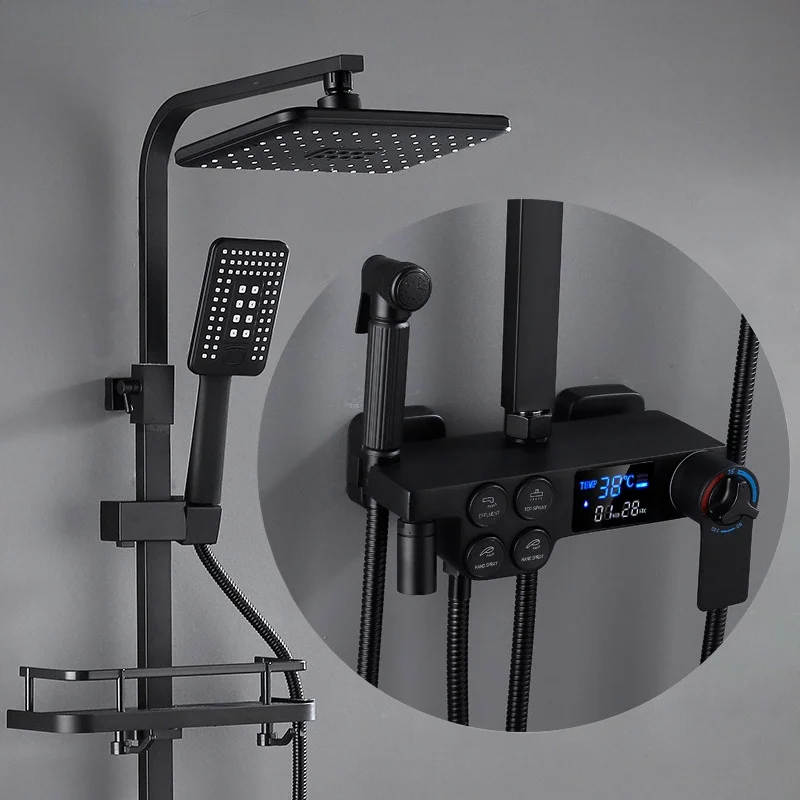 

Black Bath Shower Faucet Bathroom Smart Thermostatic Digital Shower System Wall Mount SPA Rainfall Bath Faucets Modern Rain Sets