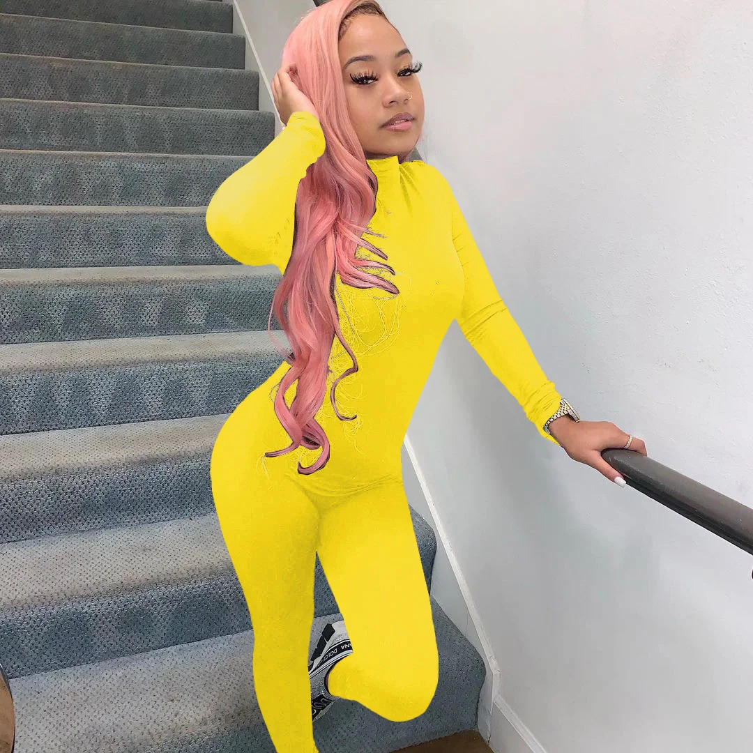 

Женский однотонный пикантный комбинезон на молнии с длинным рукавом