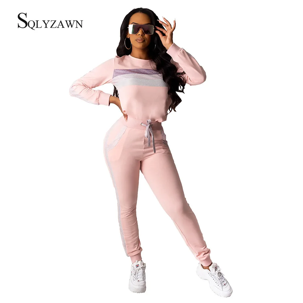 Women Pink Outfits Sportswear Spring Autumn Workout Two Piece Set Tracksuits Long-sleeve Top Bodycon Pants Casual 2 |
