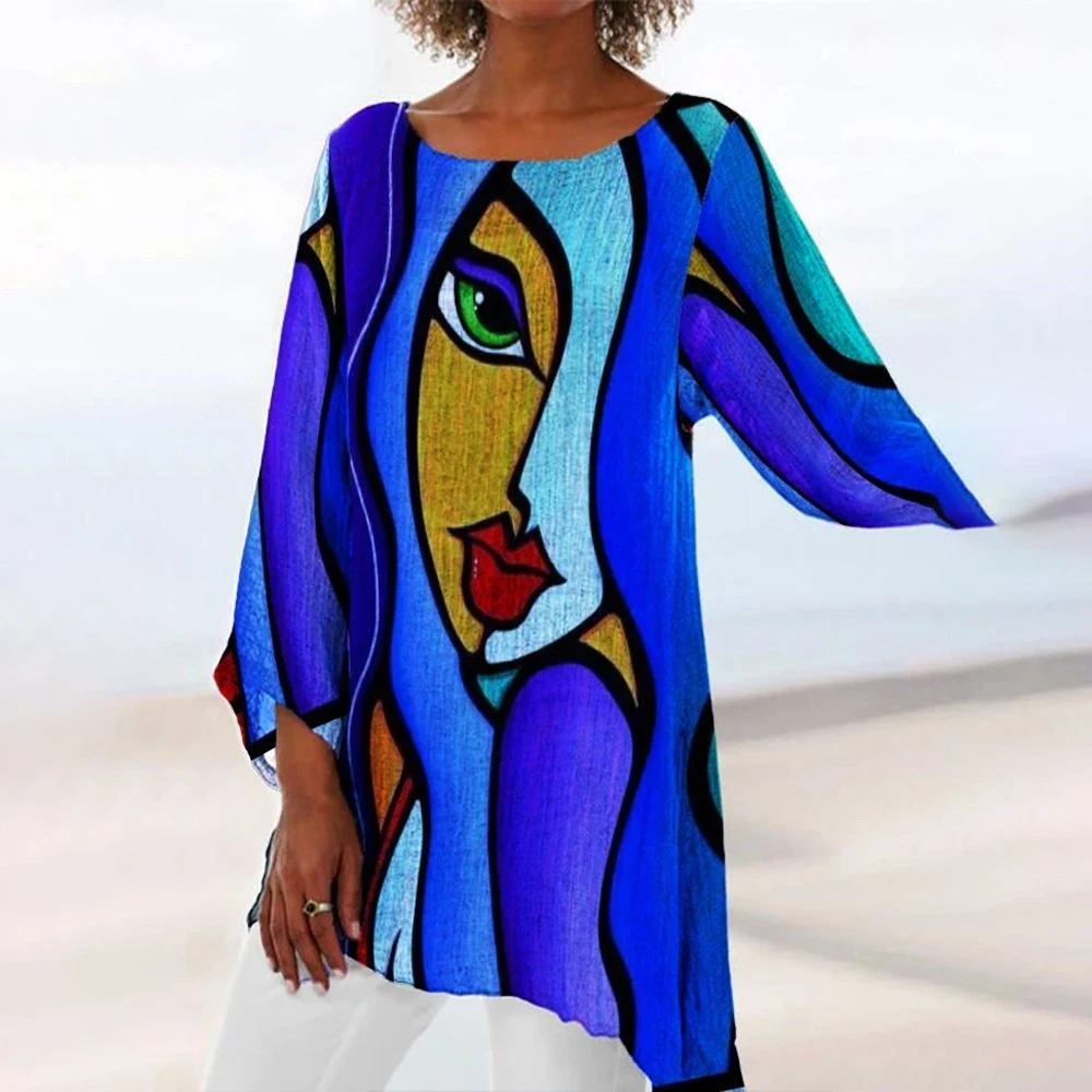 

Blue A-Line Abstract Long Sleeve Round Neck Shirts & Tops Long Sleeve Summer Tops For Women 2021
