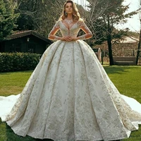 2021 arabic luxurious wedding dress sequins lace applique vintage bridal gowns sheer long sleeves heavy long vestido de novia