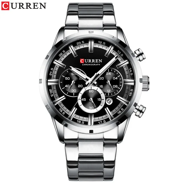 silver black CURREN Топ бренд военные кварцевые часы серебряные часы для мужчин s кварцевые часы из нержавеющей стали с хронографом для мужчин повседневные спортивные часы - Цвет: silver black