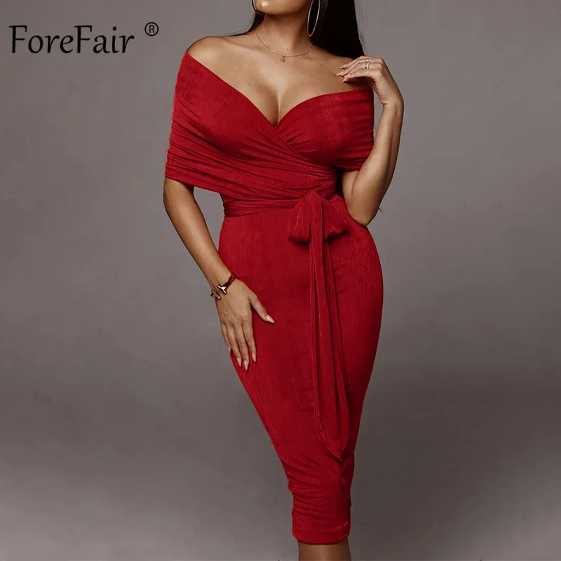 Женское облегающее платье с открытыми плечами Forefair миди и поясом облегающие