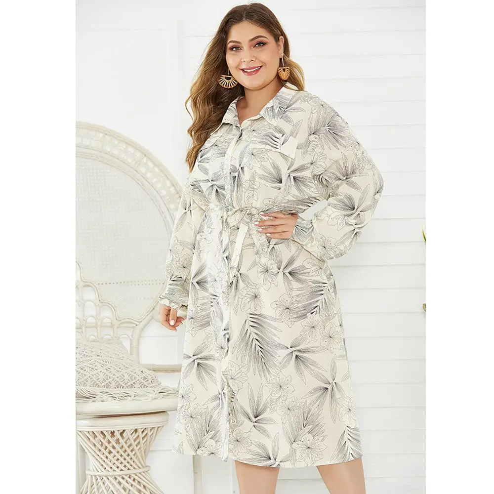 Женское платье рубашка с поясом повседневное белое свободное длинным рукавом