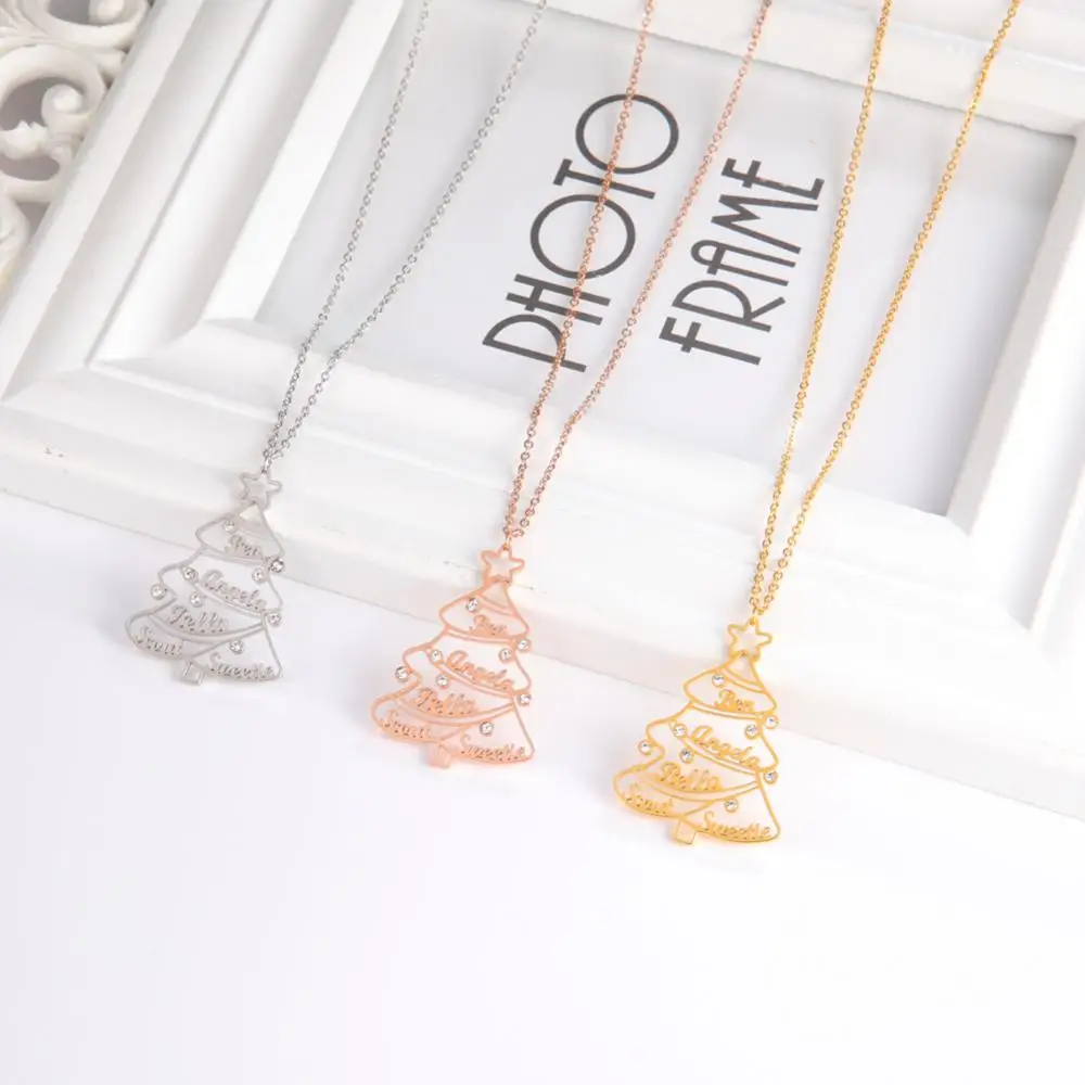 

Cazador Custom Christmas Tree Family Name Necklace Stainless Steel For Women Shiny White Zircon Jewelry 1-5 Names