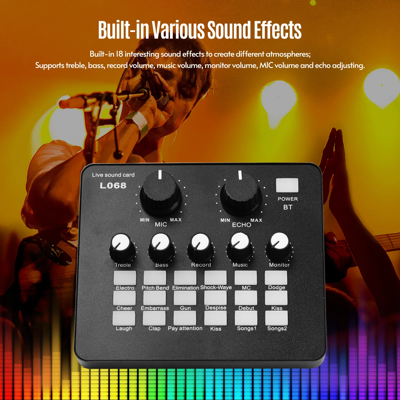 

Mini Rechargeable Live Sound Card Voice Changer Device Built-in Multiple Sound Effects with Earphone Lavalier Microphone