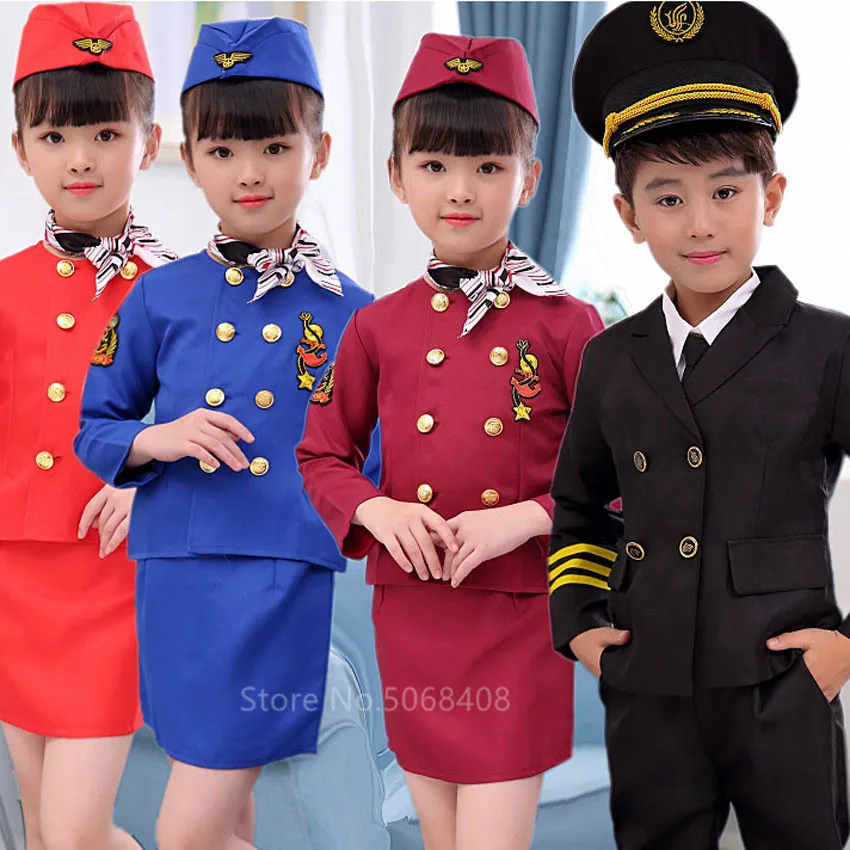 2022 Halloween Carnival Party Pilot Cosplay Costumes for Kids Boys Birthday Gift Girls Flight Attendant Dress Stewardess Uniform