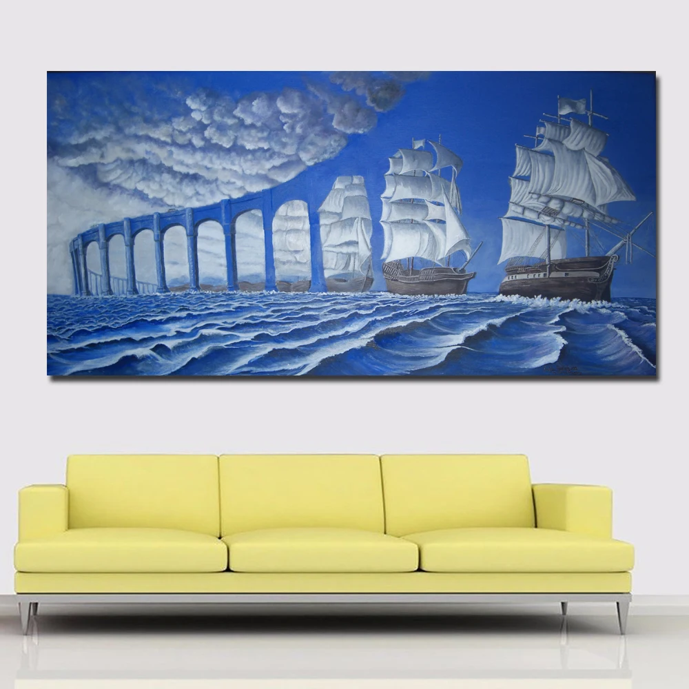 

Abstract Art Modern Surrealism Paintings Blue Bridge And Sea Painting Printed On Canvas Wall Art Print Poster Home Decor
