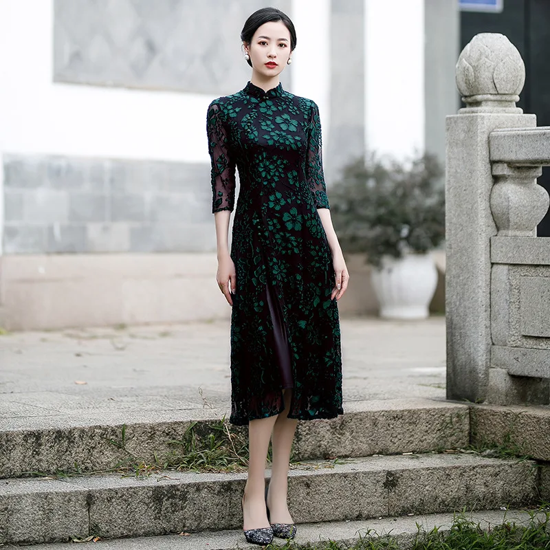 

Sexy Lace Trim Lady Qipao Chinese Traditional Classic Mandarin Collar Cheongsam Elegant Slim Long Dress Big Size 3XL Vestidos