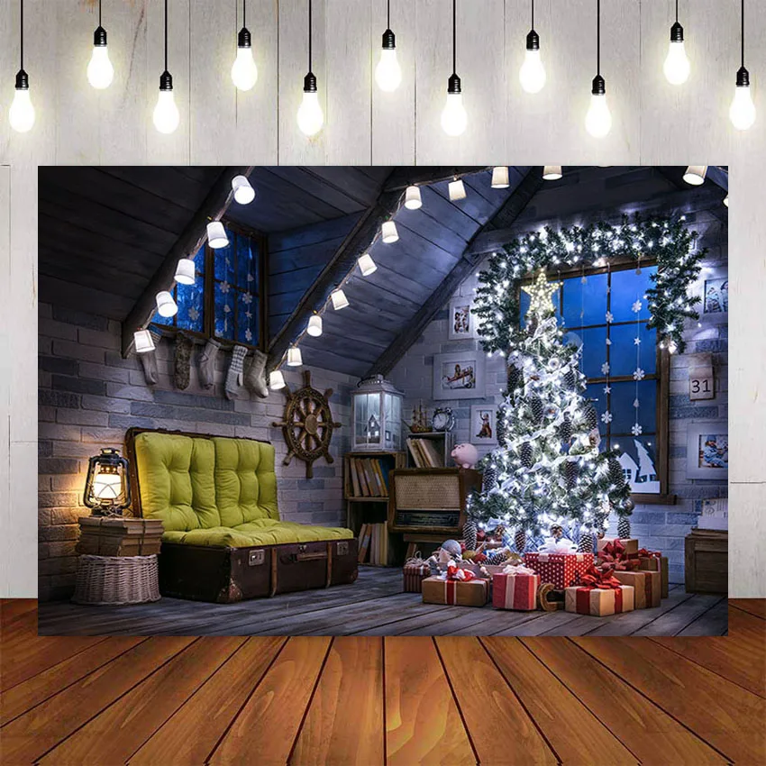 Фон для фотосъемки с изображением зимней рождественской елки и окна светильник