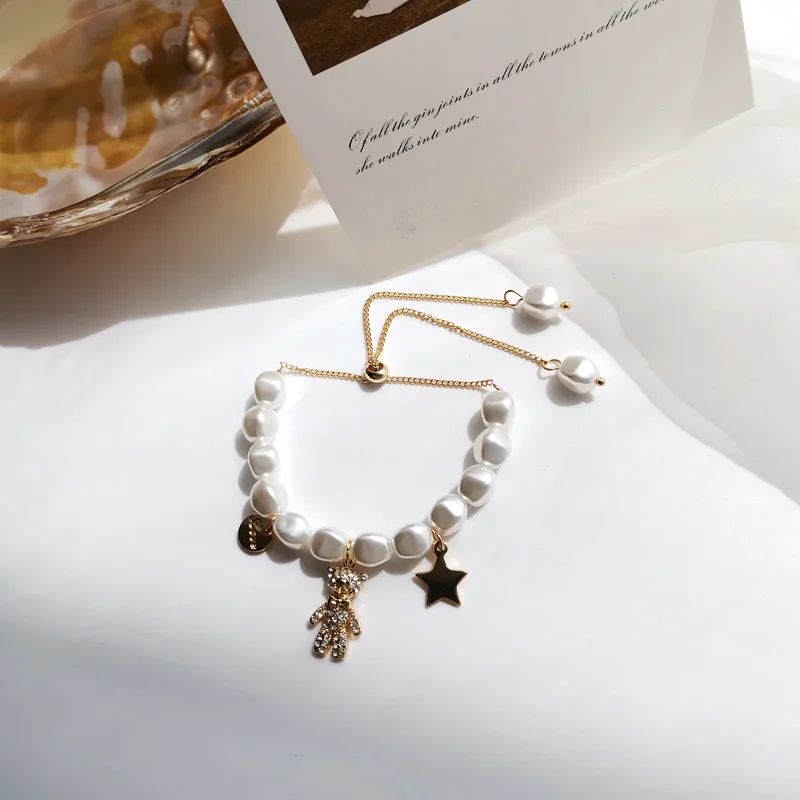 

Korea Trendy Fashion Temperament Pearl Bracelet Cute Zircon Bear Star Wild Bracelet Adjustable Bracelets for Women