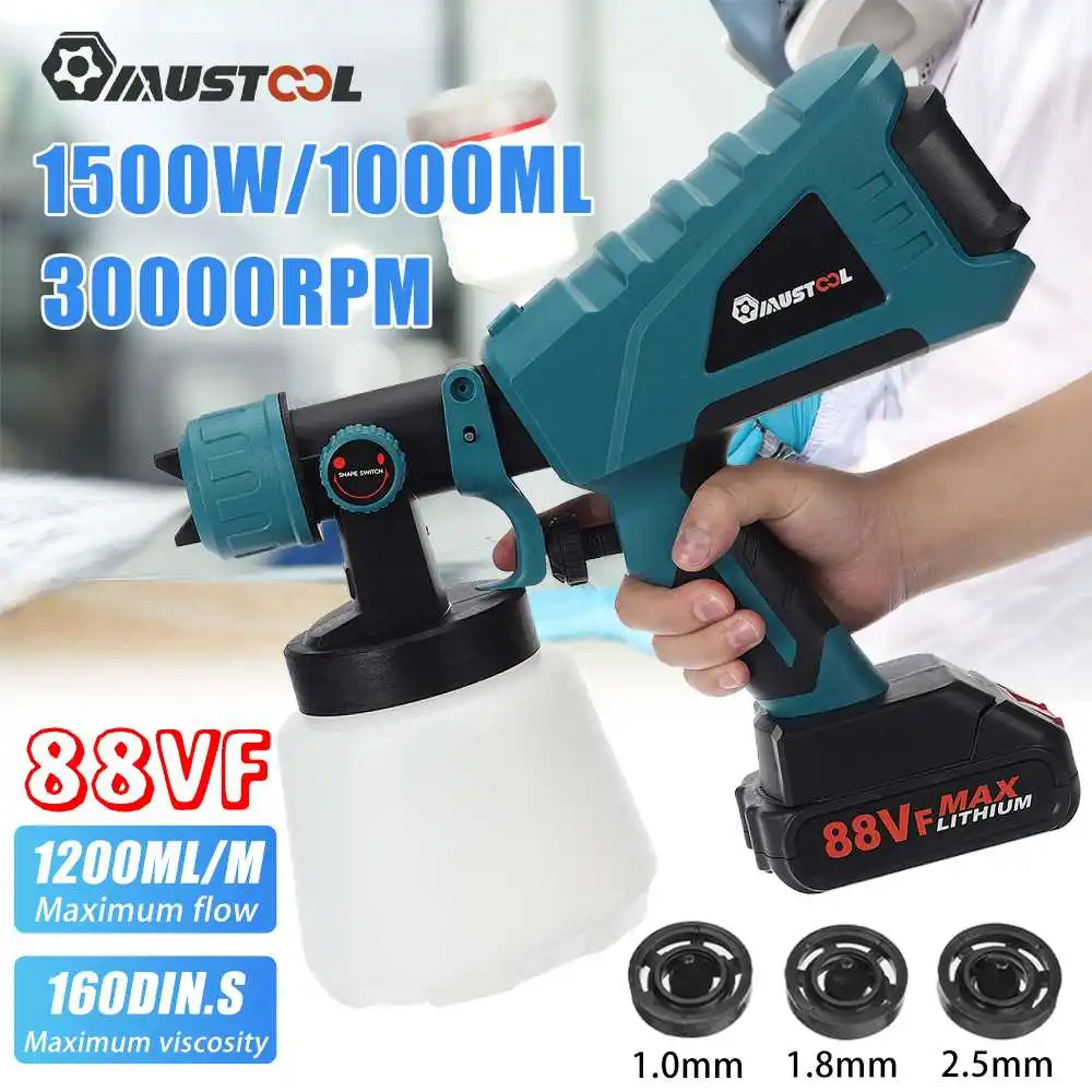 

1500W 1000ML Cordless Electric Spray Gun with 3 Nozzles Flow Control Airbrush High Power Paint Sprayer For Makita 18V Battery