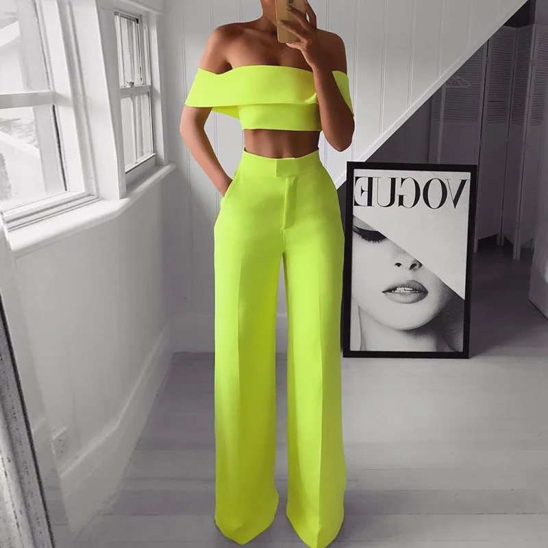 

Summer Off Shoulder Crop Top + Pocket Long Pants Women Sets Clothes Spring Slash Neck Office Lady Suit Sexy Solid Casual Outfits