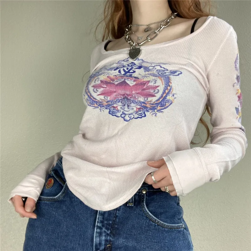 

Vintage Graphic Flower Print Grunge Tshirts Y2K Fairycore Aesthetic Chic Sweatshirts Harajuku Crewneck Fashion Cute Top 2022 New