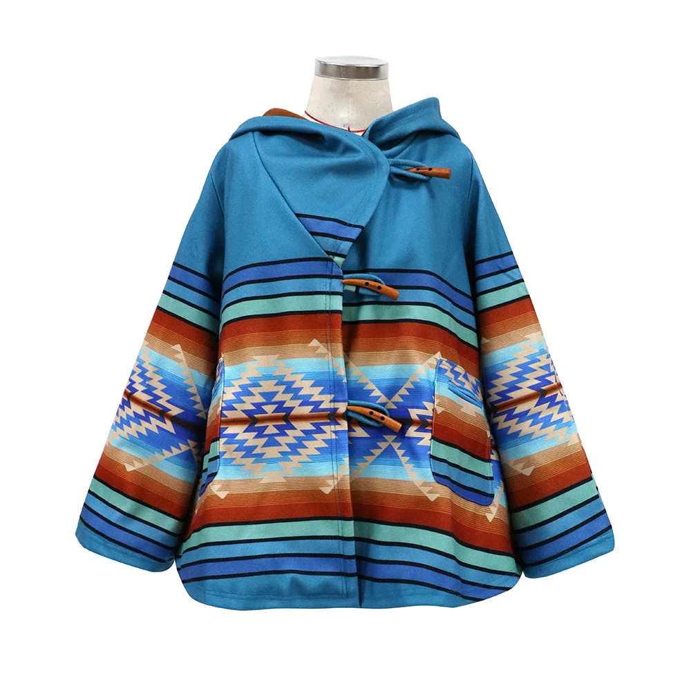 

Vintage Printed Woolen Coats Blue Hom Buttons Hooded Outwear Pockets Loose Casual Thick Warm Ladies Winter Coat for Women