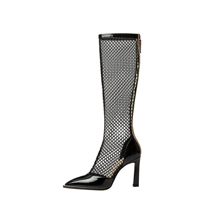 

2022 Fashion Spring Women Shoes Black Suede Knee High Stiletto Heel Mesh Hollow Boots Genuine Leather Pointy Toe Zip Long Boots