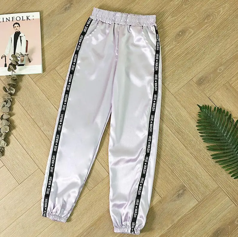 light purple Осенние штаны-шаровары с эластичной резинкой на талии, женские спортивные штаны с лентами, новинка, Харадзюку, спортивная одежда, Женские однотонные штаны для спортзала - Цвет: light purple