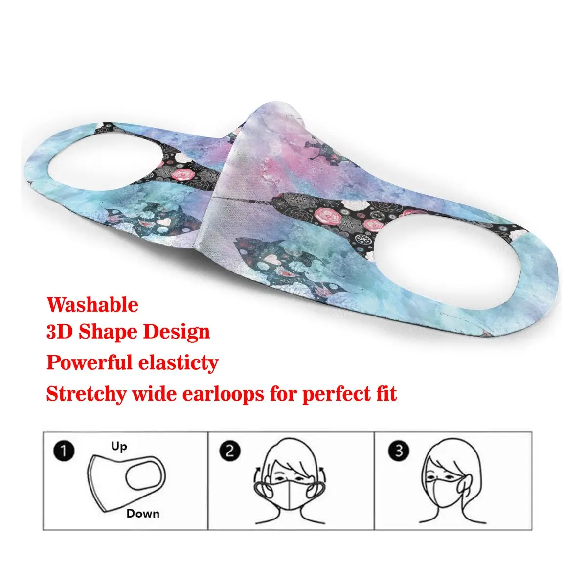 

Washable Earloop Mask 3D Floral Patterned Narwhal Cycling Anti Dust Mouth Face Care Respirator for Summer
