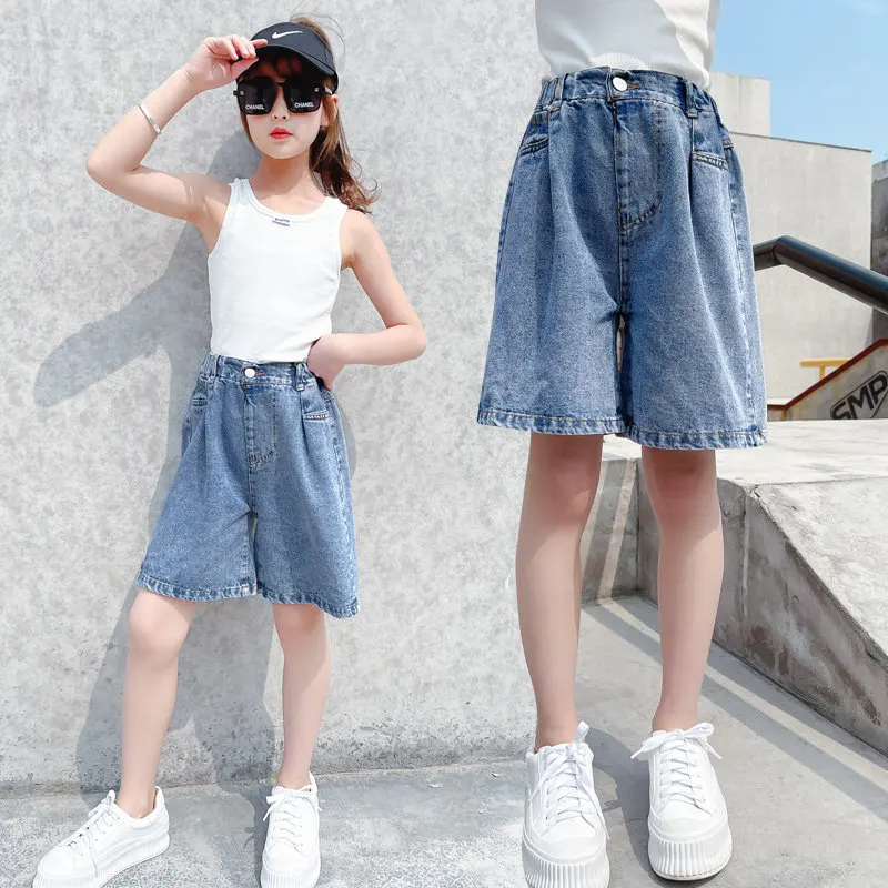 

2021 Summer High Waist Cotton Denim Shorts For Teen Girls Clothes New Arrivals Solid Color Fashion Half Pants 6 8 10 12 14 Years