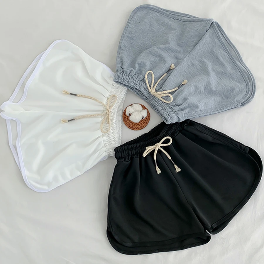 Short simple à lacets pour femme, vêtement élastique noir et blanc, décontracté, slim, coupe droite, taille haute, été