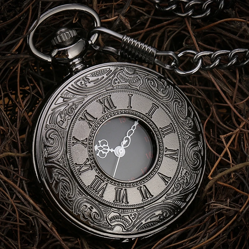 

Черные кварцевые карманные часы с римскими цифрами для мужчин и женщин, черный полый чехол в стиле стимпанк, винтажное ожерелье с подвеской,...