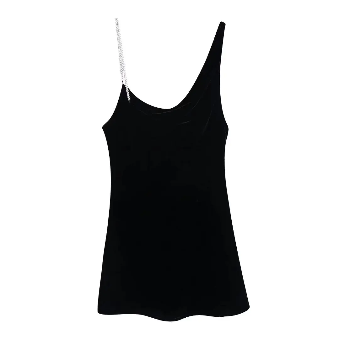 

New Fashion Women Sexy Chain Strap Black Velvet Asymmetrical Mini Dress Ladies Side Zipper Club Party Vestidos