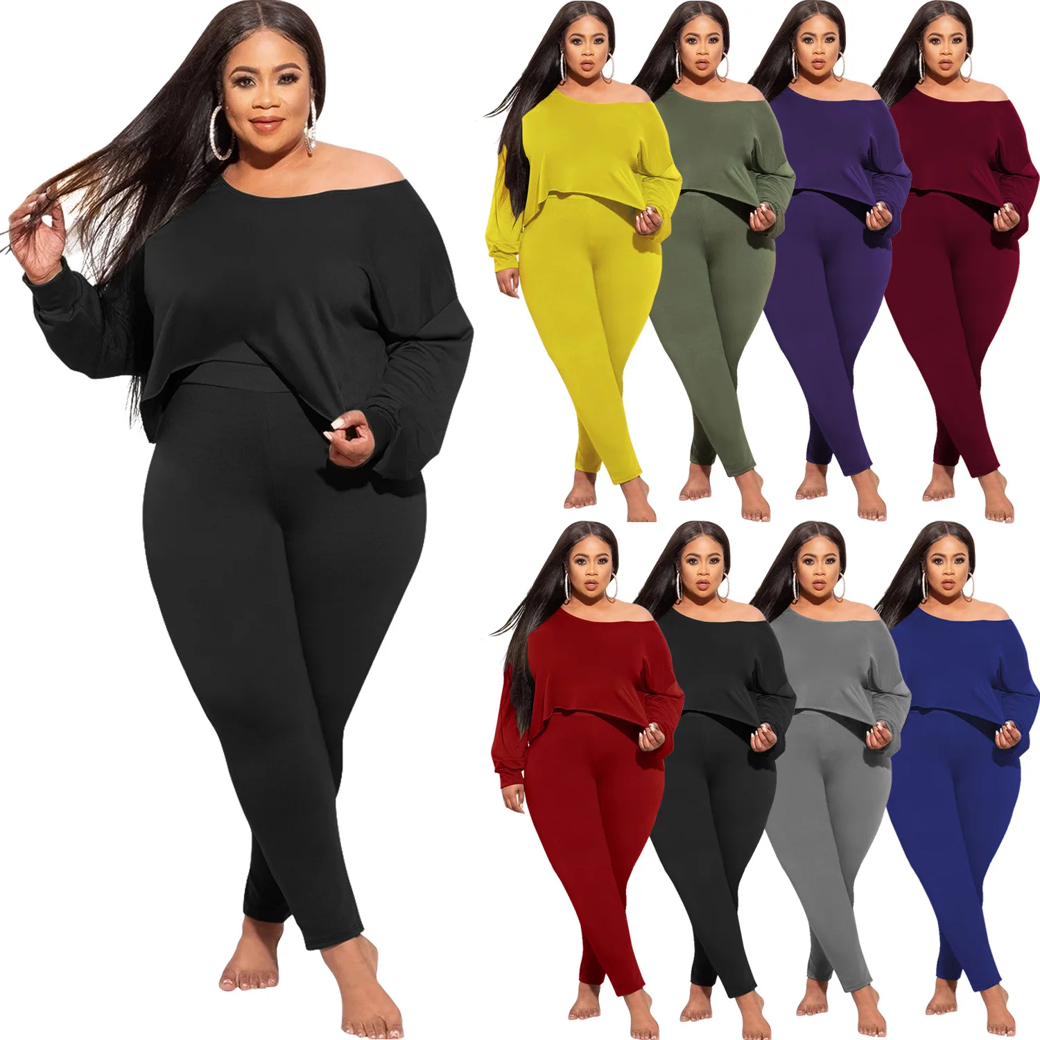 

Oblique Collar Long Sleeve Irregular Top Tights Casual Suit Plus Size Women Two Piece Femme Set Drop Shipping