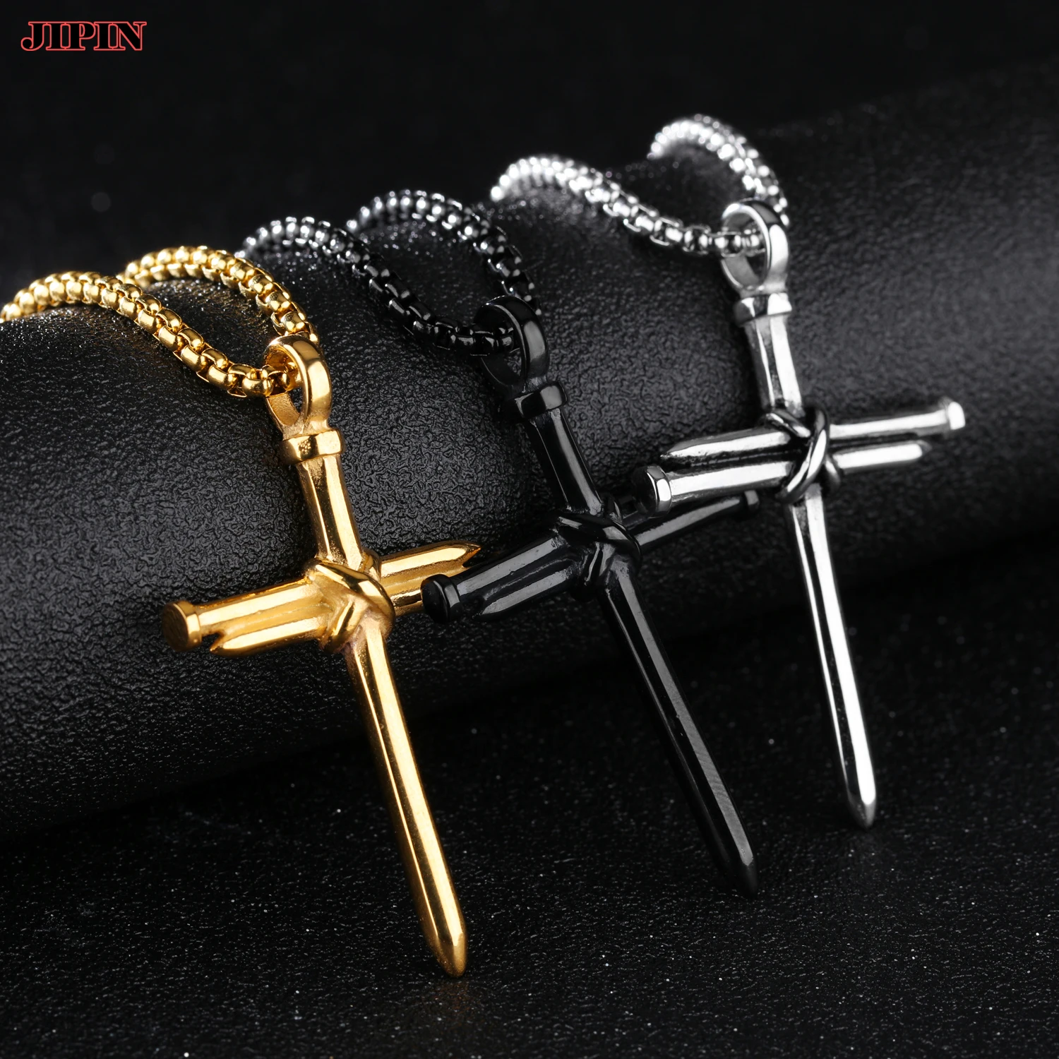 

New Gothic Fashion Cross Necklace Men Punk Nail Styling Pendant Black Gold Silver Color Chain Creative Necklace Gifts B01245
