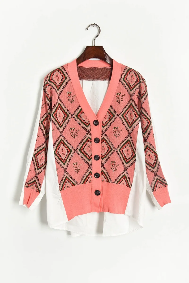 

Fake 2 Piece Shirts Womens Tops 2020 Hit Color Knitted Patchwork V-neck Loose Long Shirt Female Oversized Cardigan Streetwear