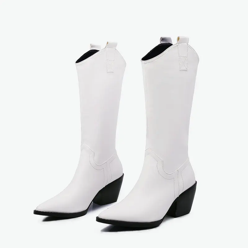 

Женские сапоги до колена, черные или белые сапоги из искусственной кожи на танкетке, с острым носком, на высоком каблуке, Осень-зима 2019