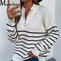 women 2021 autumn fashion stripe color matching zipper knitting sweaters long sleeve casual loose female pullover sweaters tops