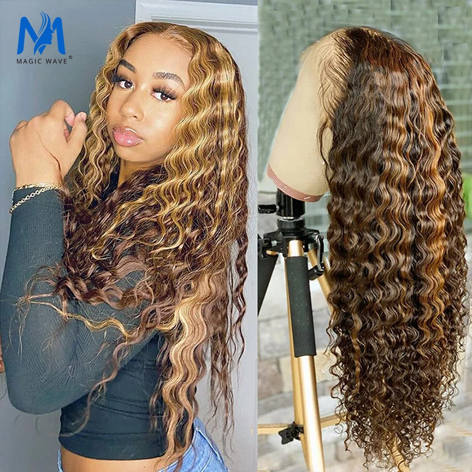

Magic Wave 13x4 Highlight Full Lace Frontal Wig Ombre Color Pre Plucket Hairline Human Hair Wigs Deep Wave Lace Front Wigs