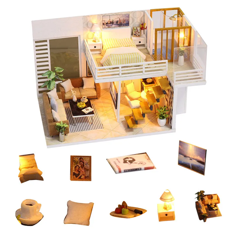 Простой и элегантный Кукольный дом деревянная мебель Diy Дом миниатюрная сборка 3D