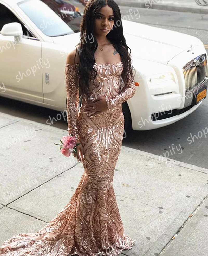 

Long Dresses Prom Sexy Mermaid Boat Neck Off The Shoulder Long Sleeve Rose Gold African Black Girl Sequin Prom Dress 2020