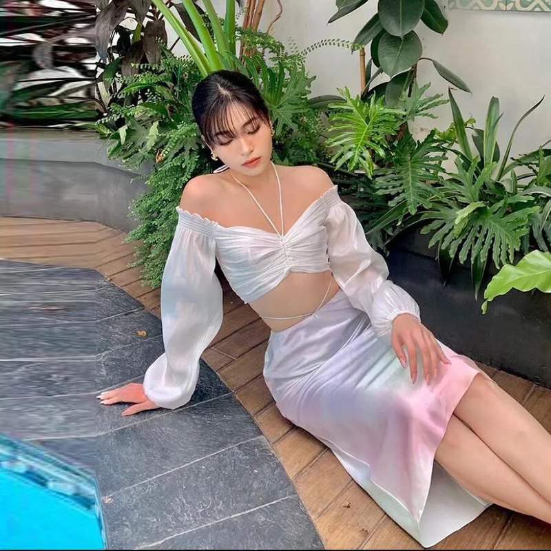 

New T-Shirt Street Sexy Slim Halter Neck One-Shoulder Low Cut Tie Puff Sleeves Navel Ins T-Shirt Casual Commute Crop Top Women