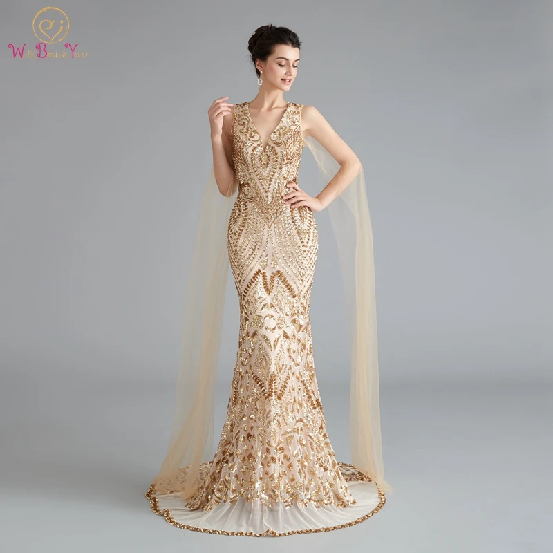 Женское вечернее платье с юбкой годе золотистое длинное прозрачное кружевное