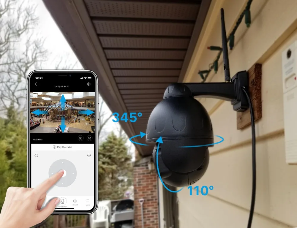 SNOSECURE Wireless Street Dome IP Camera Wifi 5MP Black Surveillance Tour Auto Cruise with Microphone Speaker Talk 128GB Card