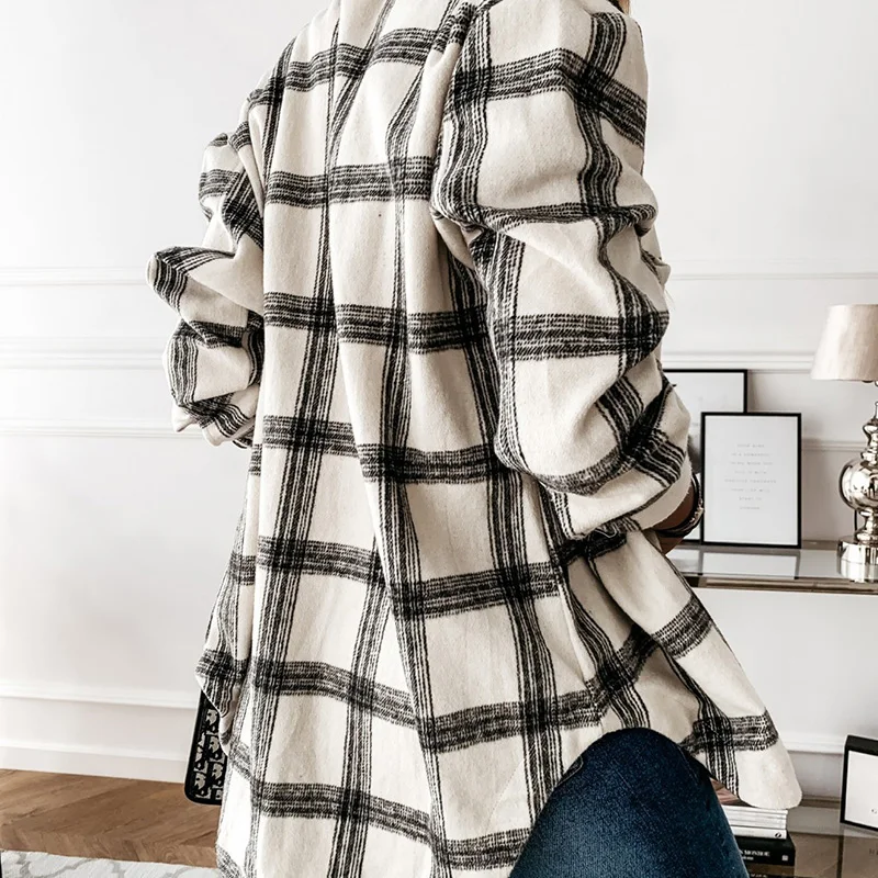 

Fashion Women Plaid Blouse Long Sleeve Checked Oversized Pink Shirt Turn Down Collar Thick Ladies Vintage Chic Top Blusa