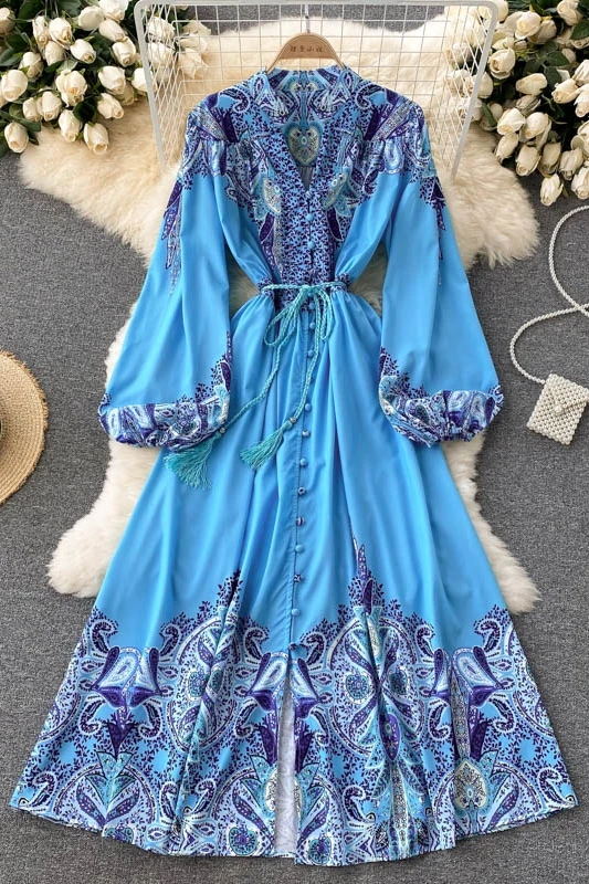 

2021 Bohemian vacation maxi dress women's V-neck single relaxed sashes print elegant and chic Party Gown designer dress