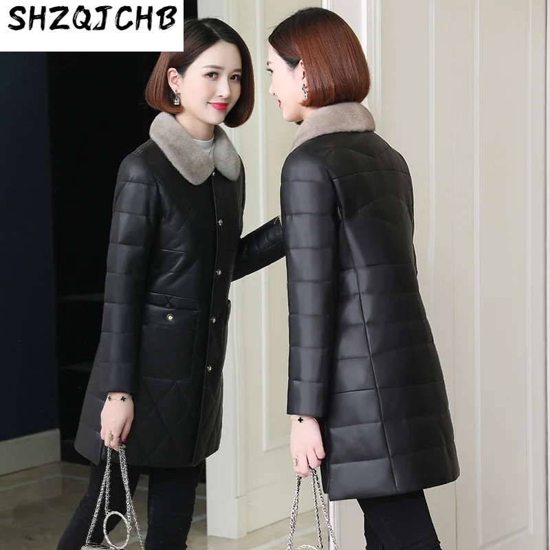 

SHZQ 2021 новая кожаная меховая пуховая куртка для женщин средней и длинной овечьей шерсти норковый меховой воротник меховое тонкое пальто