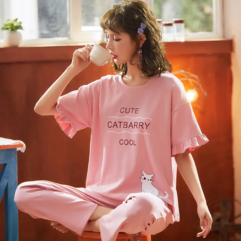 Женская Весенняя пижама из 100% хлопка с коротким рукавом | одежда