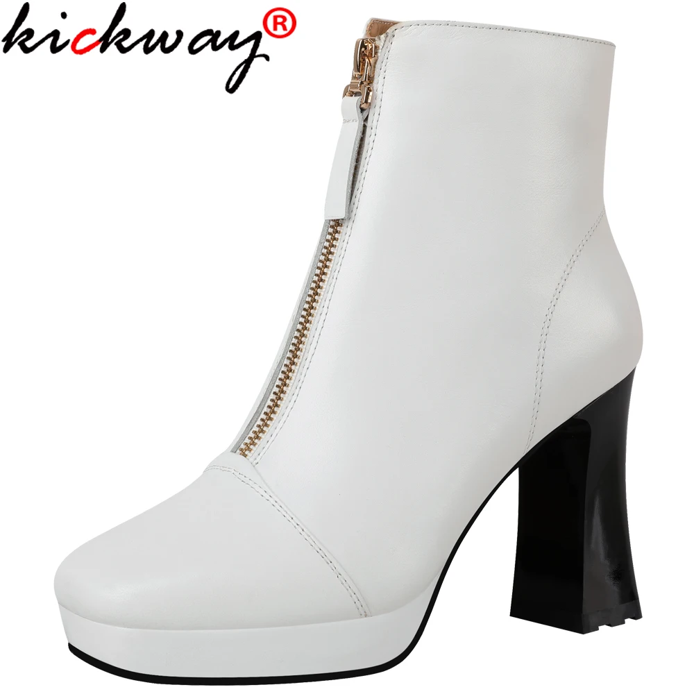 

Kickway/Новинка; Ботинки «Челси» из натуральной коровьей кожи; Женские демисезонные ботильоны на высоком толстом каблуке с квадратным носком; ...