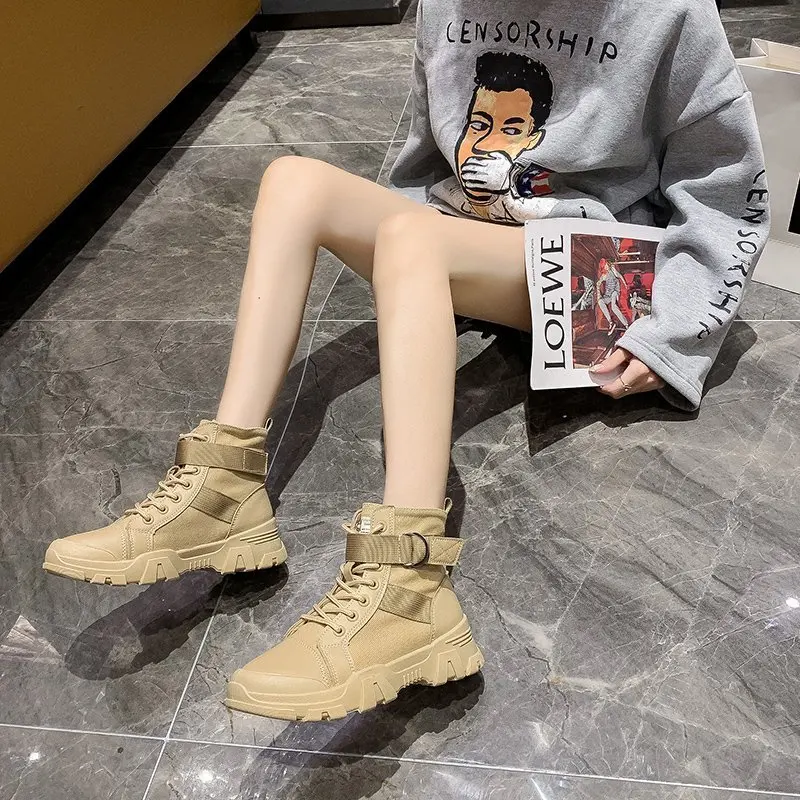 

2020 spring and autumn new thick heel thick bottom belt buckle lace casual shoes fashion retro wild boots X231