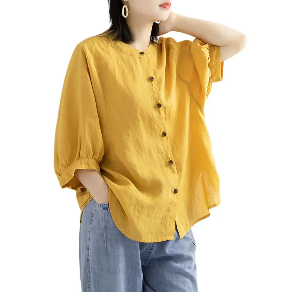 

Women Casual Solid Color O Neck Half Sleeve Single-breasted Loose Blouse Shirt Casual Harajuku Summer Top Korean Hipster shirt