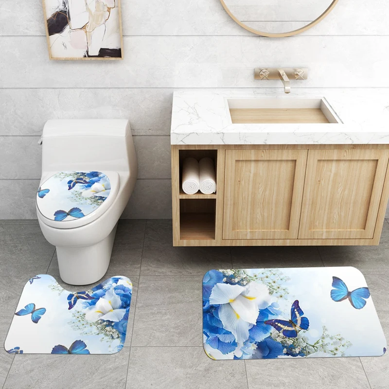 

4 Pcs Set Flower Butterfly Print Base Rug + Bathroom Mat and Waterproof Shower Curtain, Non-Slip Toilet Cover Mat Set
