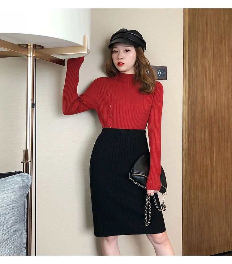 Women Long Sleeve Sweater 2021 New Autumn Winter Knitted Button Turtleneck Tops Elasticity Pullovers Ladies Sexy | Женская одежда