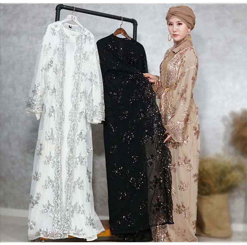 

Luxury Embroidery Sequins Abaya Muslim Maxi Dress Cardigan Long Robe Gowns Jubah Kimono Ramadan Arab Islamic Worship Service