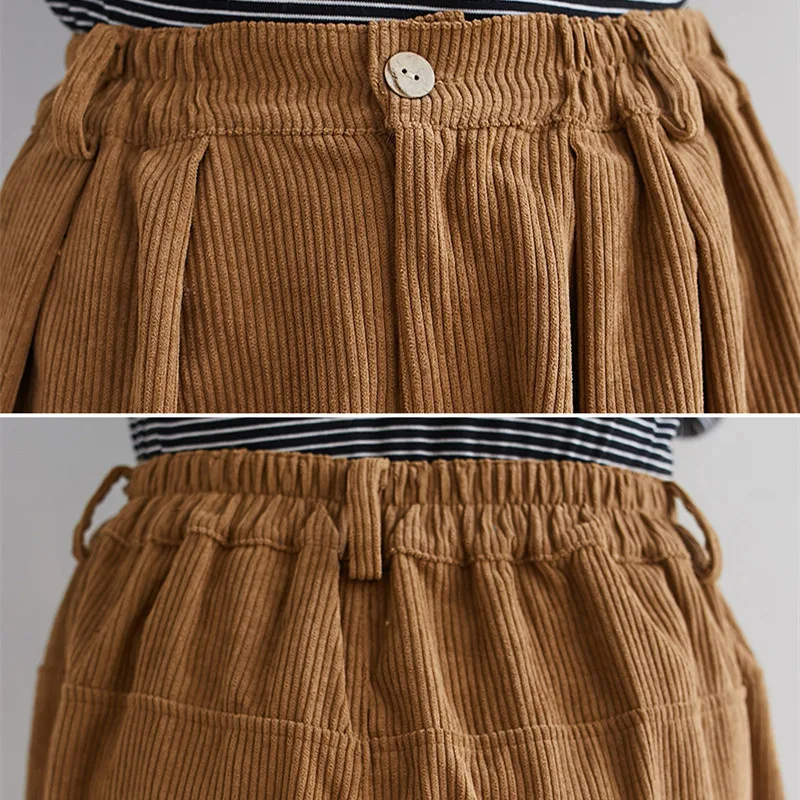

Johnature 2021 Winters Women Casual Loose Corduroy Full Length Pants New Solid Color Elastic Waist Pockets Female Pants