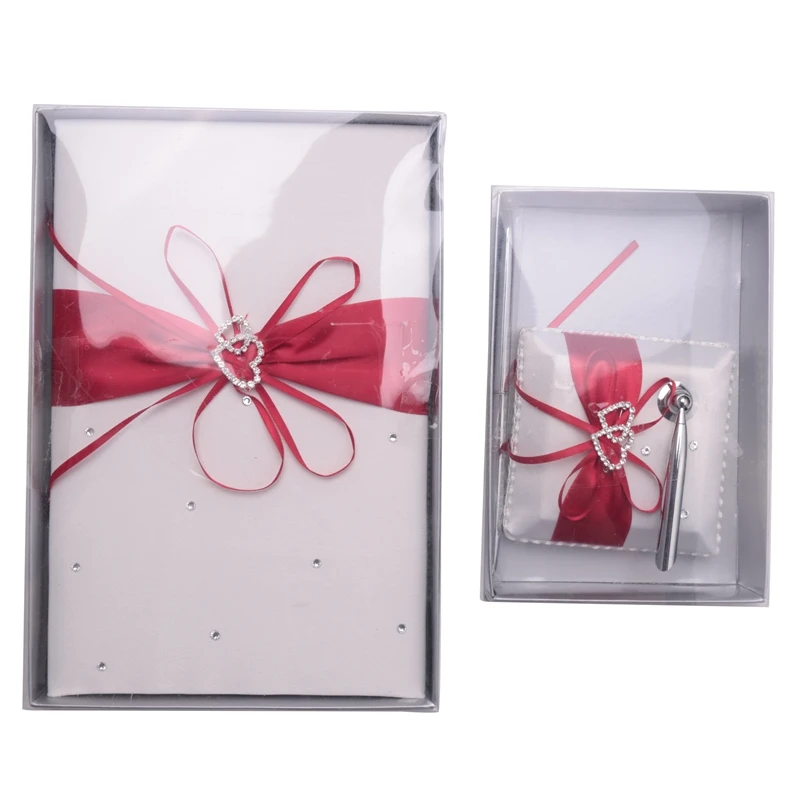 

Wedding Guest Book With Pen Holder Sets Satin Bows Signature Book With Diamonds Love Shape For Party Decorations